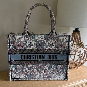 Christian Dior Blue and Pink Butterfly Floral medium Book Tote
